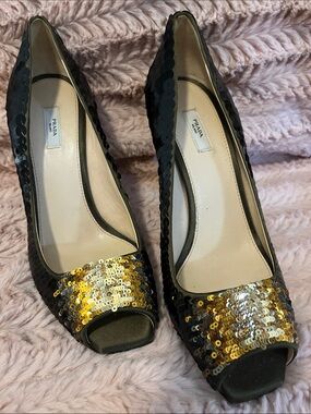 Prada Black Peep-Toe Pumps with Gold Sequins